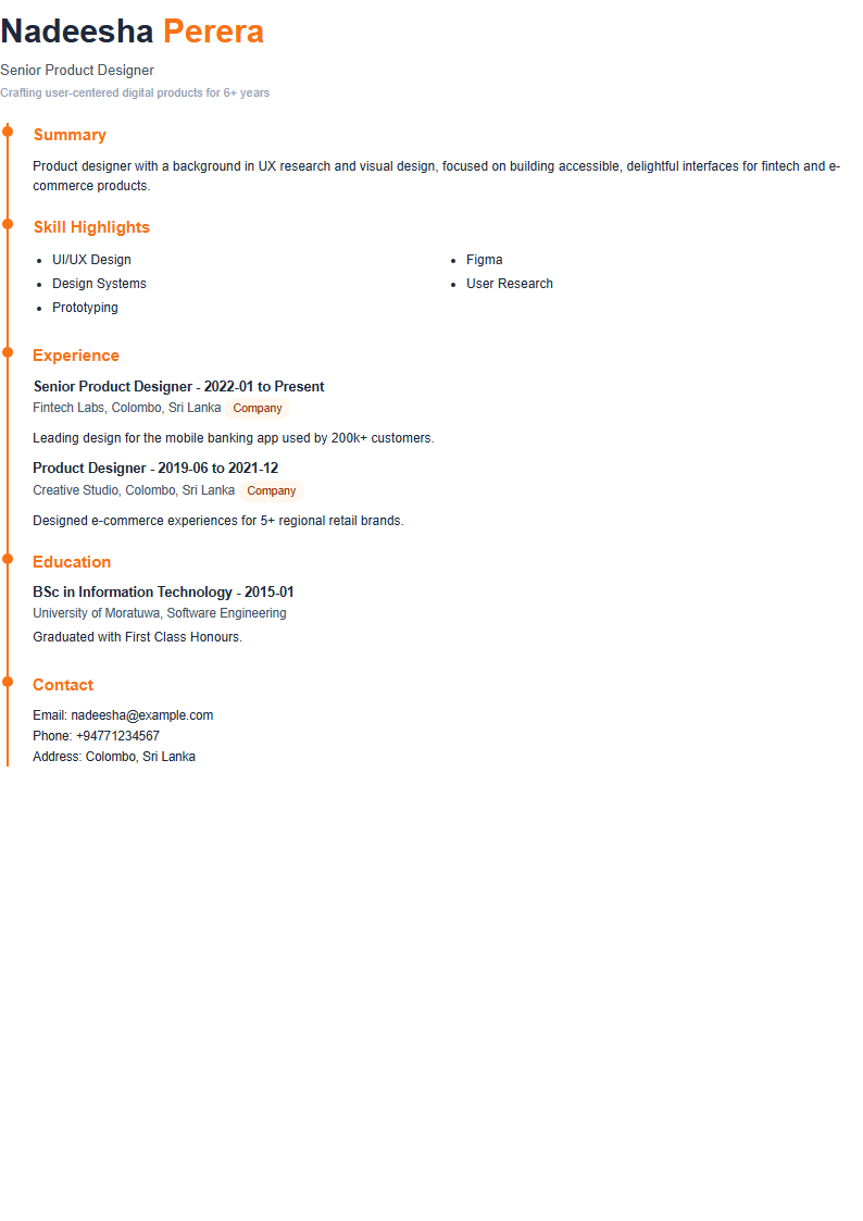 Modern Timeline CV template preview — orange accents with a left-side timeline