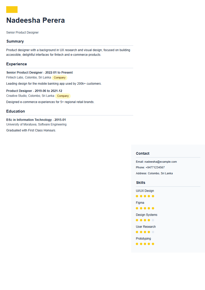 Split Sidebar CV template preview — two-column layout with a dark contact sidebar